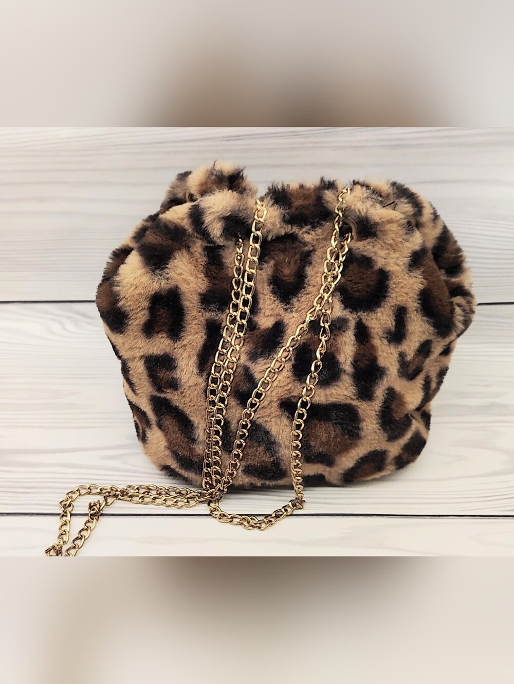 Leopard Faux Fur Crossbody Pouch HandBag Purse Bag with Gold Chain